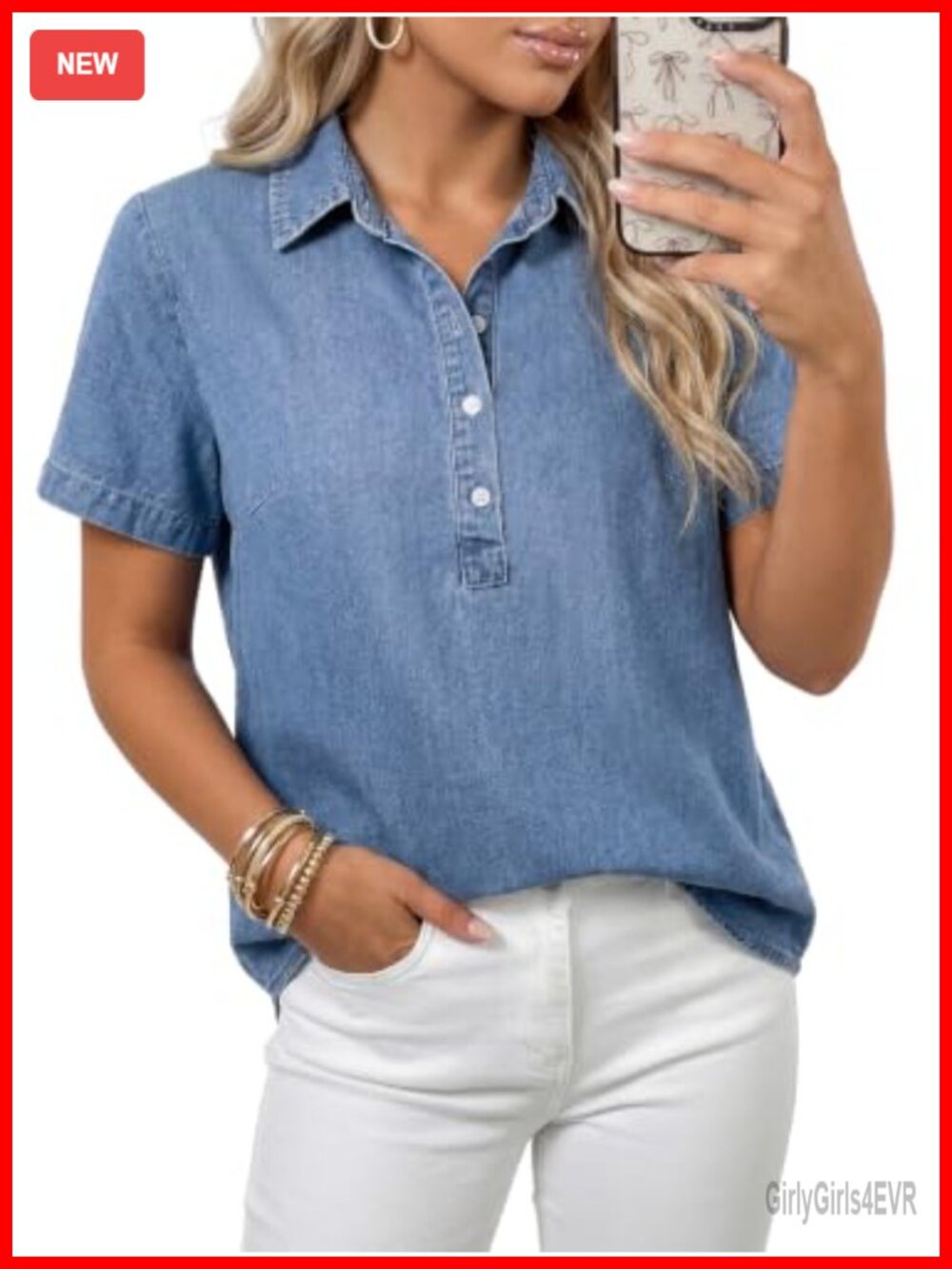 Women's Button Down Denim Shirt Short Sleeve Casual Blouse